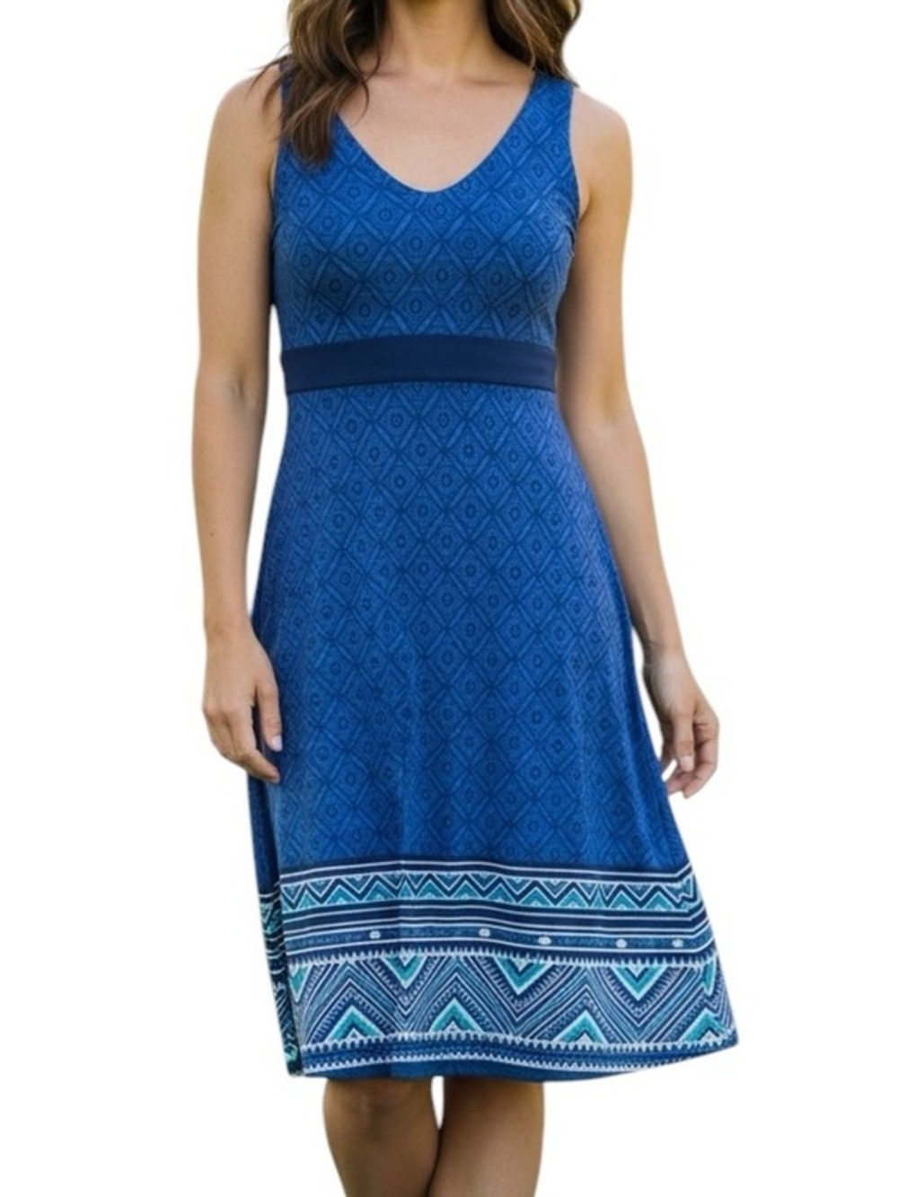 Athleta V Neck Sleeveless Dress womens size small blue with all over pattern